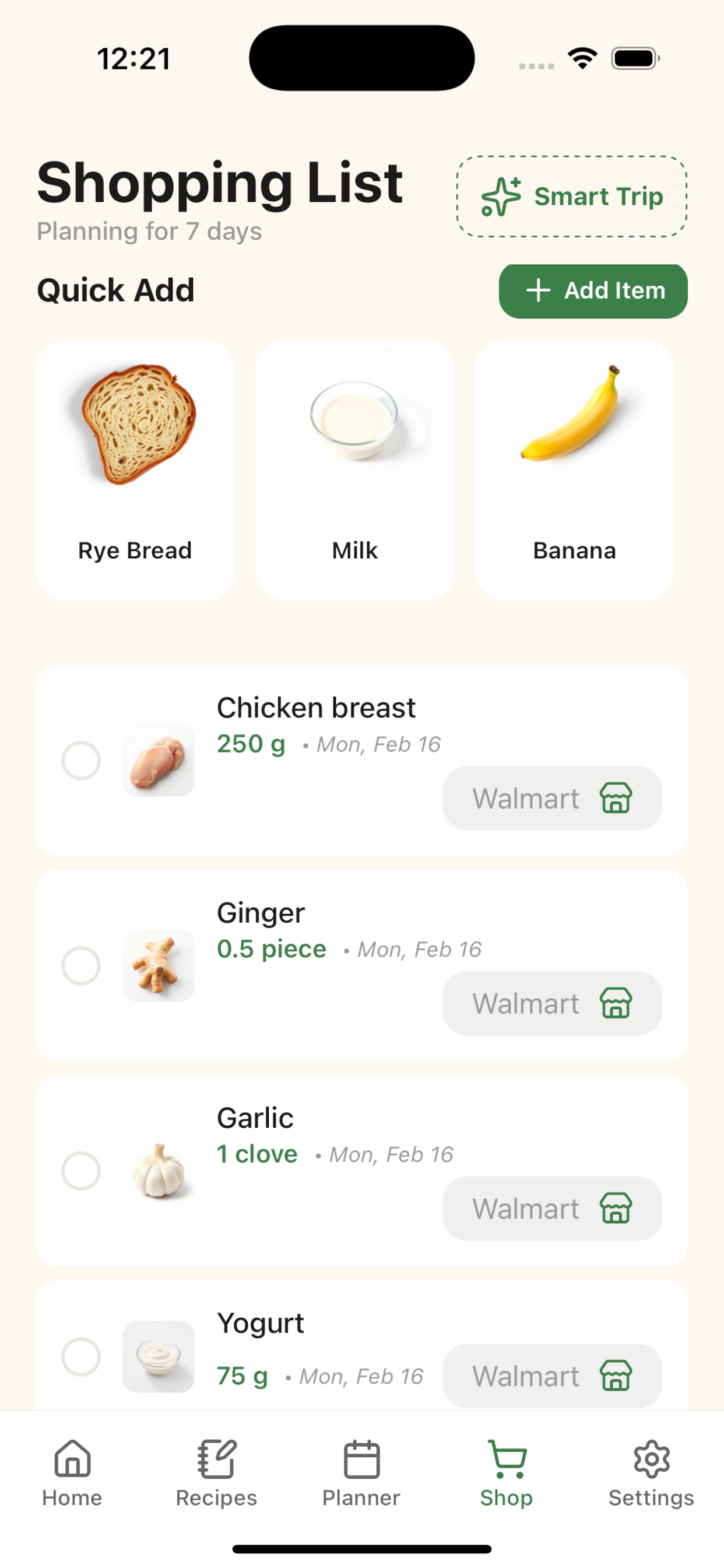 A Sapid shopping list grouped by store